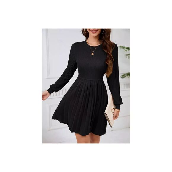 Sweater Dress Long Sleeve with Lapel Collar Pleated Midi Dress Size XL - Picture 2 of 5